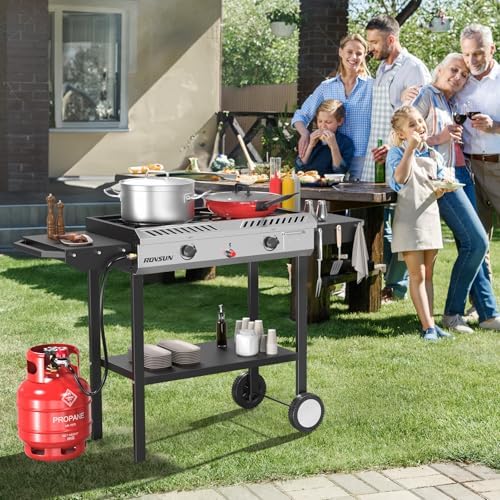 ROVSUN 2 Burner Outdoor Propane Gas Stove with Auto-ignition, Regulator & Shelf, 150,000 BTU Powerful Stand Cooker for Backyard Patio Cooking Home Brewing Canning Turkey Frying