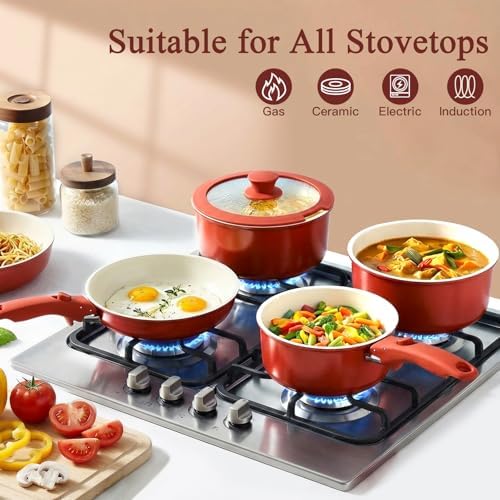 GiPP 5PCS Pots and Pans Set Non Stick, Nonstick Cookware Set Detachable Handle, Ceramic Pots for Cooking Non Stick with Removable Handle, RV Cookware Set for All Stoves, Red Black Gradien