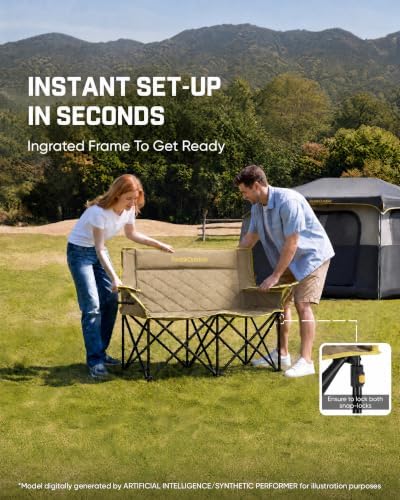 FanttikOutdoor Zeta L11 Duo Pro Double Camping Chair, 2 Person Portable Folding Couch, Up to 600 lbs, High Strength Loveseat with Cup Holder & Carry Bag for Travel, Patio, Games, BBQ, Backyard, Khaki