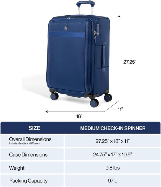 Travelpro VersaPack+ Lightweight Softside Expandable Checked Luggage, 8 Spinner Suitcase, TSA Lock, Men and Women, Checked Medium 25-Inch, Elemental Blue