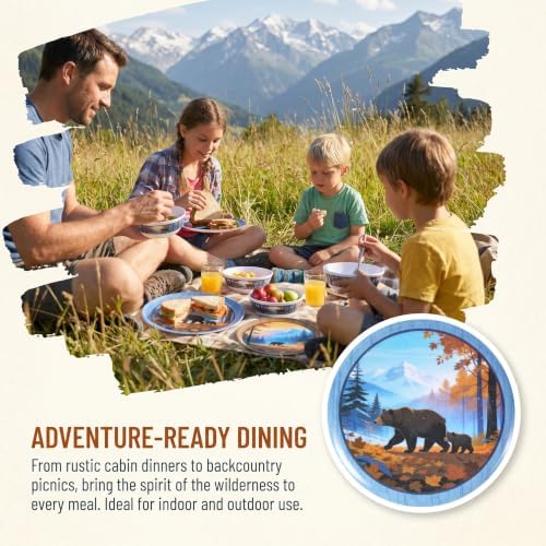 12-Piece Melamine Dinnerware Set for 4, Camping Dishes with Bear Design