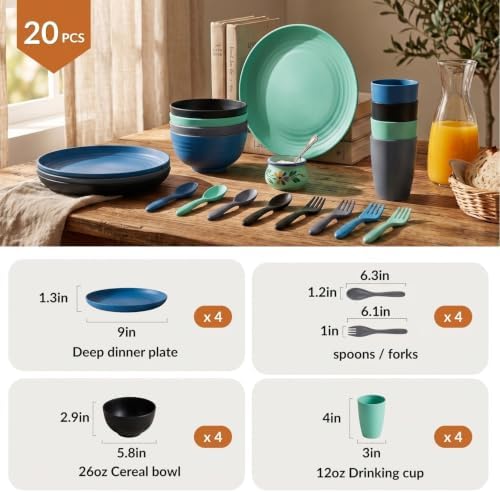 Homienly Unbreakable Plates and Bowls Sets 20 PCS Wheat Straw Dinnerware Sets Microwave & Dishwasher Safe Plate Set Kids Plastic Plates Camping Dish Set, Salad, Hamburger, Pizza-Nightscape