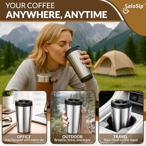 4-in-1 Portable Manual Pour Over Coffee Maker with Grinder – Travel & Camping Pour Over Set – All-in-One Portable Coffee Brewer Kit with Stainless Steel Kettle, Thermal Mug & Dripper