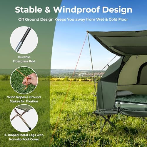 GYMAX Tent Cot, 5-in-1 Folding Camping Cot with Mattress & Pillows, Sleeping Bags, Sunshade, Camping Tent Elevated with Carrying Bag for Outdoor Hiking, Fishing, Picnic (1-Person)