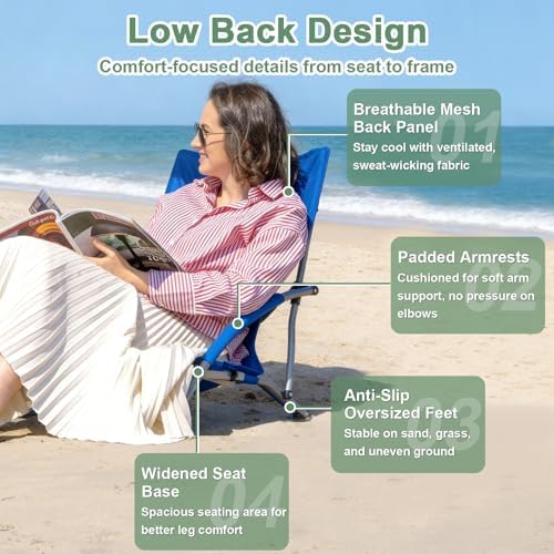 Romswi Low Beach Chairs for Adults 2 Pack, Lightweight Folding Sand Chairs with Breathable Mesh Back & Cup Holder, Portable Compact Camping Chairs, 300lbs Capacity,Blue