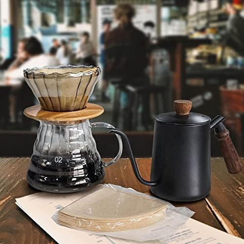SOTECH Pour Over Coffee Maker Set with Black Gooseneck Kettle Wooden Storage Tray Coffee Dripper Glass Server Coffee Scoop DIY Manual Coffee Maker Set (Portable Sack Set) (coffee maker set)