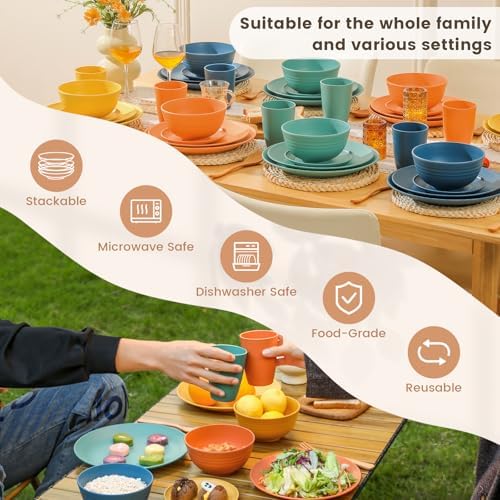 Homienly 40-Piece Premium Wheat Straw Dinnerware Sets, Service for 8, Unbreakable Plates and Bowls Set - Cups Sets, Dinner Plates, Bowls for Kitchen,Dishwasher and Microwave Safe Dishes Set - Multi