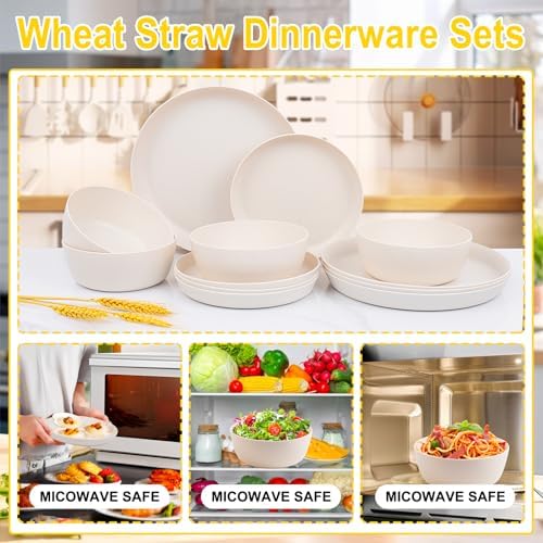 EjonirInjonir 12pcs Unbreakable Beige Wheat Straw Dinnerware Sets RV Dining