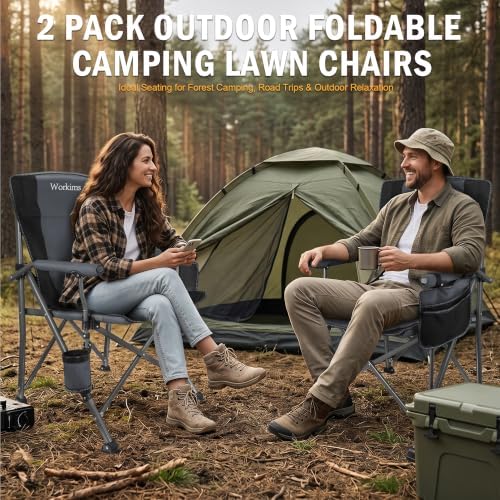 2 Pack Folding Camping Chair with Cup Holder and Storage Bag,Heavy Duty Supports 400 LBS,Portable Outdoor Chair for Camp,Lawns,Travel,Fishing,Grey