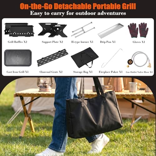 3-in-1 Portable Camping Grill, Foldable Charcoal Wood Gas BBQ