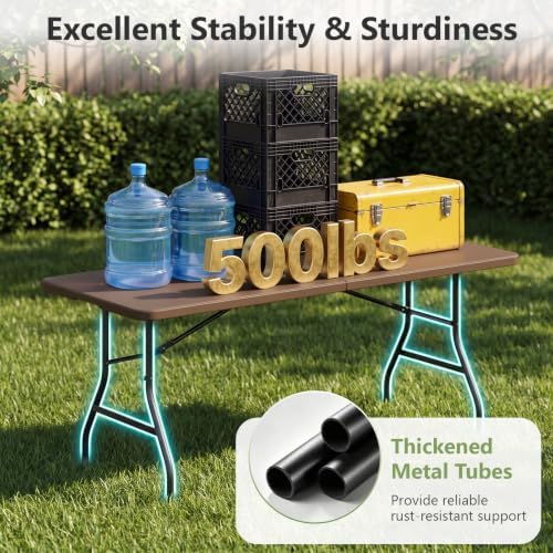 6ft Folding Table, Foldable Picnic Table Portable Table for Indoor Outdoor Use Heavy Duty Plastic Table Camping Table with Carry Handle for Party, BBQ, Brown