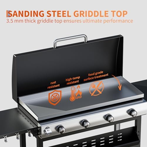 4-Burner Propane Gas Griddle – 32,000 BTU Convertible Flat Top Grill with Hood & Removable Cart – Portable for Camping, Tailgating, Backyard