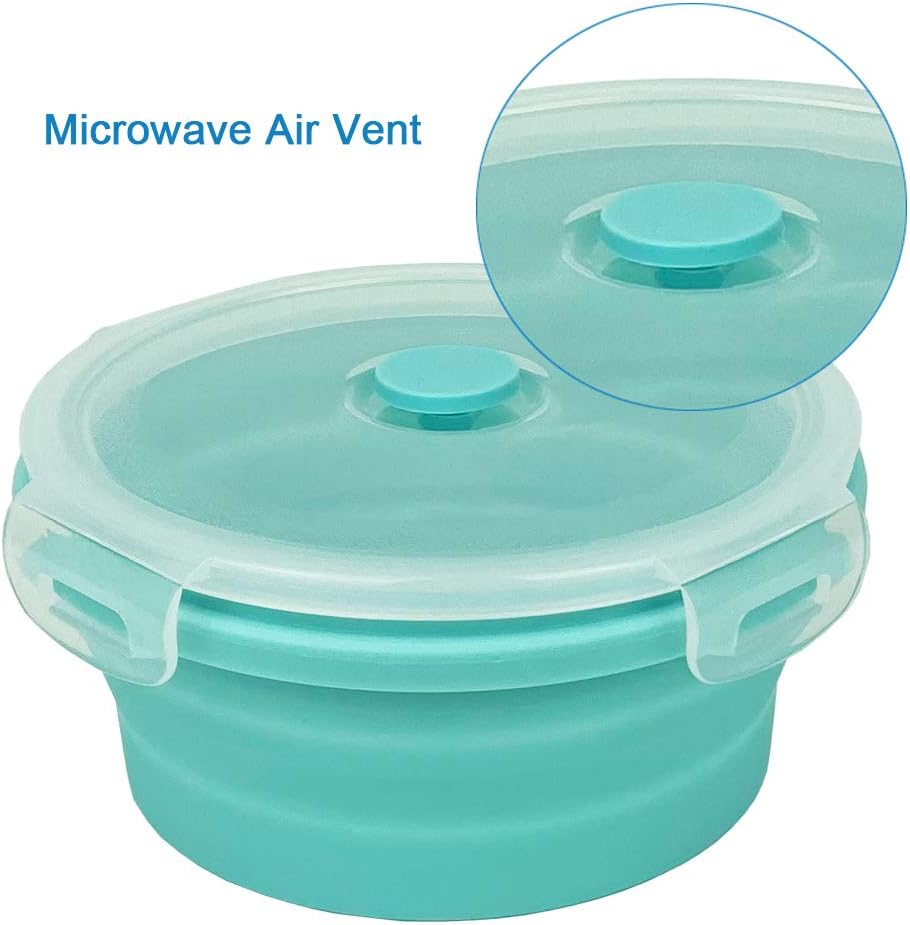 CARTINTS Small Collapsible Bowl Silicone Food Storage Containers Collapsible Camping Bowl for Travel Camping Hiking with Airtight Plastic Lids and 2Pack Silicone Dish Sponges- Blue, 500ml