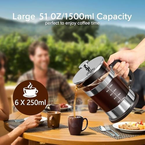 QUQIYSO French Press Coffee Maker 51oz, Large French Press, Thickened Glass