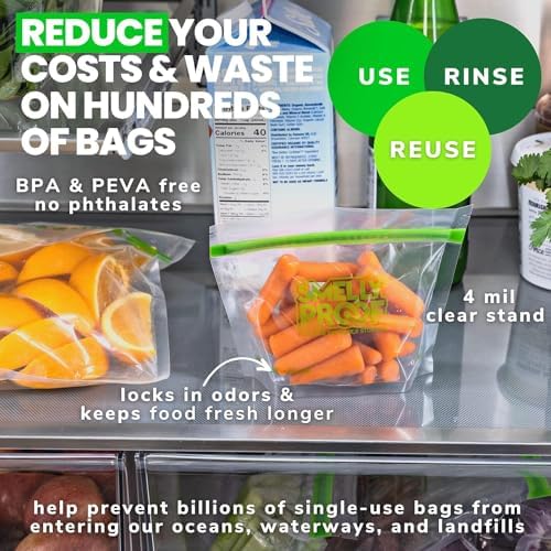 Smelly Proof 50 x Expandable Stand-Up & Fill REUSABLE Food Storage Bags, US Made, NO PEVA & BPA FREE, Reusable Freezer Bags, Dishwasher-Safe, Clear 3 mils STAND & FILL 4" x 3" - 50pk