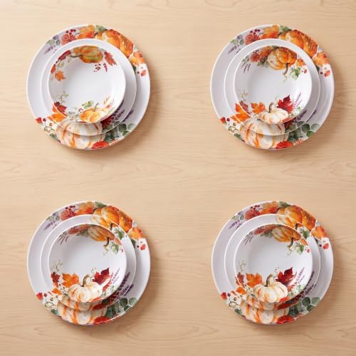 Melamine Dinnerware Set for 4, 12-Piece Pumpkin Plates and Bowls, BPA-Free