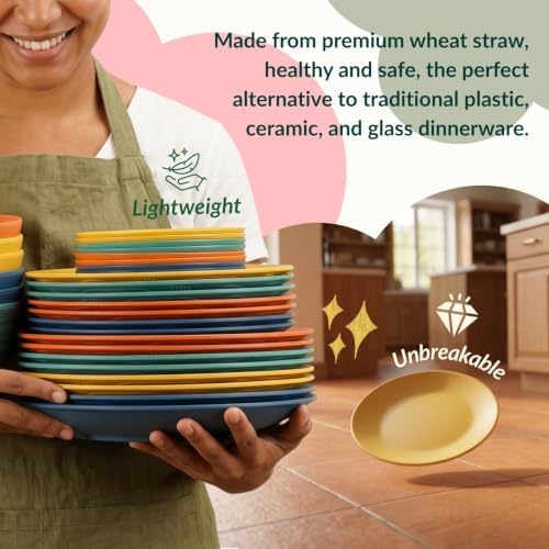 40-Piece Unbreakable Plastic Wheat Straw Dinnerware Set - Multi Color, 8-Person Dish Set for Dinner, Plates, Bowls, Cups & Appetizer Plates - Perfect for Outdoor Camping