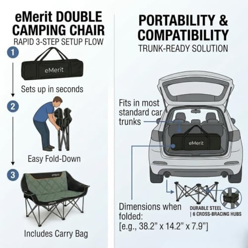 EMERIT 3 Person Camping Chair,900lb Heavy Duty Triple Loveseat Wide Padded Folding Couch for Adults & Family