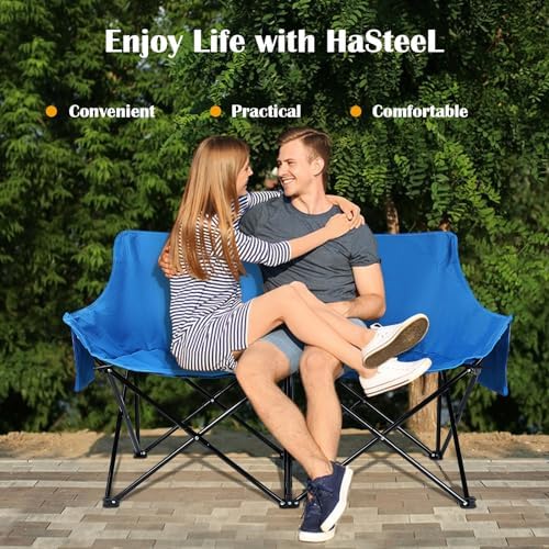 HaSteeL Folding Camping Chair, Portable Double Outdoor Loveseat for 2 Adults Person, Durable Foldable Collapsible Chairs for Camp Patio Picnic Beach Travel, Support 600Lbs, for Women & Men, Blue