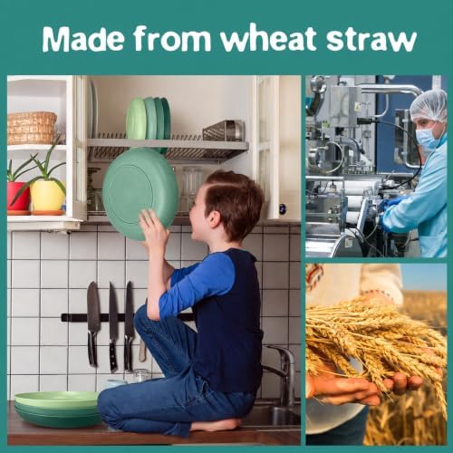 Teivio 32-Piece Kitchen Plastic Wheat Straw Dinnerware Set, Service for 8, Dinner Plates, Dessert Plate, Cereal Bowls, Cups, Unbreakable Colorful Plastic Outdoor Camping Dishes, Green Ombre