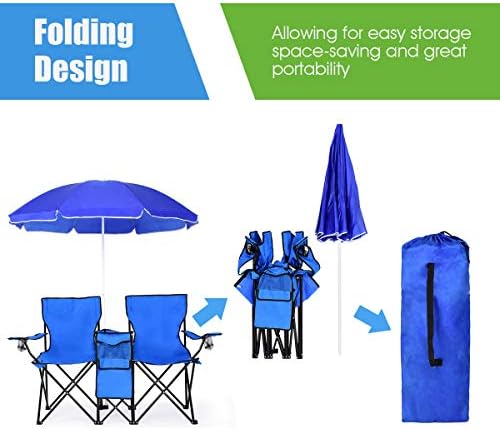 Goplus Double Camping Chair with Umbrella, Folding Loveseat Chairs w/Canopy Shade, Carrying Bag, Table, Cup Holder, Portable Beach Chairs Outdoor Picnic Patio (Blue)