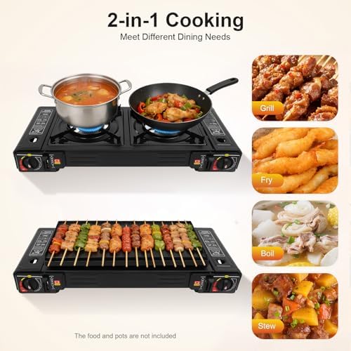 2500W Two Burner Propane Stove, Gas Burners for Cooking Outdoor 2 Burner Gas Stove Portable Outdoor, Camping Grill Camping Burners with Baking Tray & Portable Case