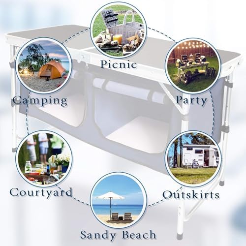 Folding Camping Table with Storage Compartment Aluminum Lightweight Camp Kitchen Table Height Adjustable Indoor/Outdoor Table Perfect for Tailgating, Backyards, BBQ,Picnic, Black
