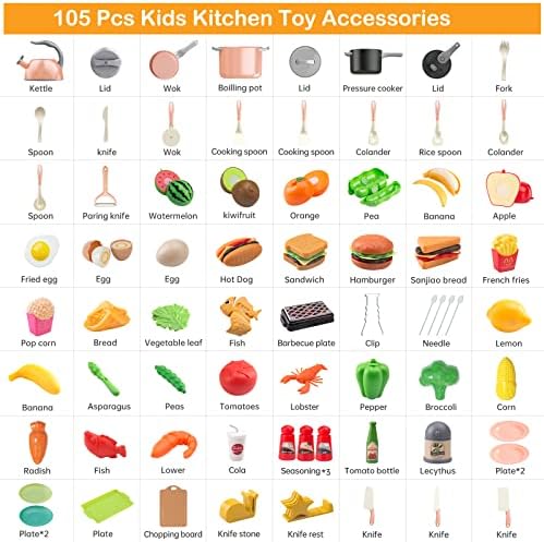 105Pcs Kids Kitchen Toy Accessories, Toddler Pretend BBQ Camping Cooking Playset, Play Pots, Pans, Utensils Cookware Toys, Play Food Set, Vegetables, Learning Gift for Girls Boys