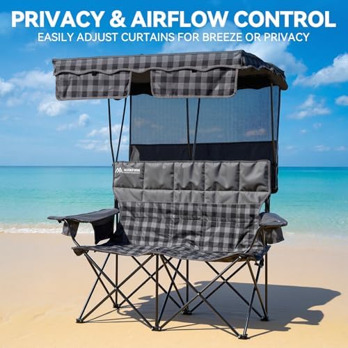 Padded Double Camping Chair With Canopy,Folding Chair Support 450LBS, Grey