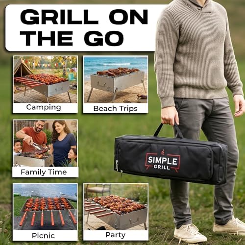 TSG Portable Stainless Steel Mangal Charcoal Grill For Shish Kebab, Steaks, Burgers | 20X12Inch| Includes 6 Skewers, 2 Tongs & Carry Bag | Foldable & Rustproof for Outdoor Cooking | Serves 8-12 People