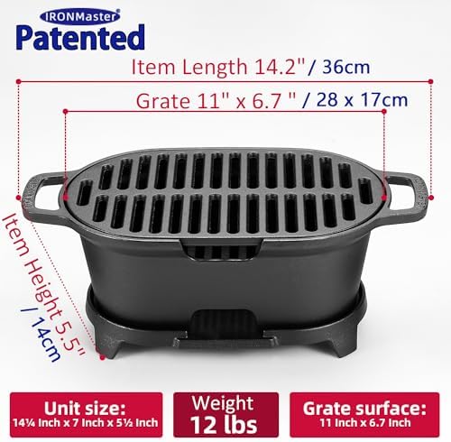 IronMaster Mini 100% Cast Iron Hibachi Grill, Tabletop Small Portable Charcoal Grill for Outdoor Camping, Japanese BBQ Grill Grate Surface 11" x 6.7" Ideal for 2 People
