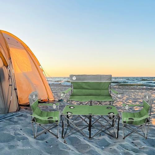 Northroad Folding Camping Chair Set of 4, Portable Collapsible Conversation Set w/1 Sofa, 2 Single Chairs, 1 Table for Family Patio, Outdoor Travel, Beach(Green)