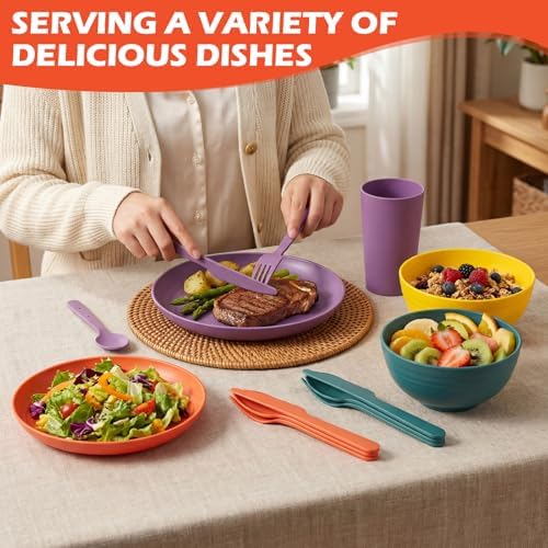 Remerry 6 Sets Camping Mess Kit with Plates Bowls Cups Spoon Fork and Knife Cutlery in 6 Colors Tableware Reusable Plastic Tableware Set for Travel Picnic Camping Necessity Home Party