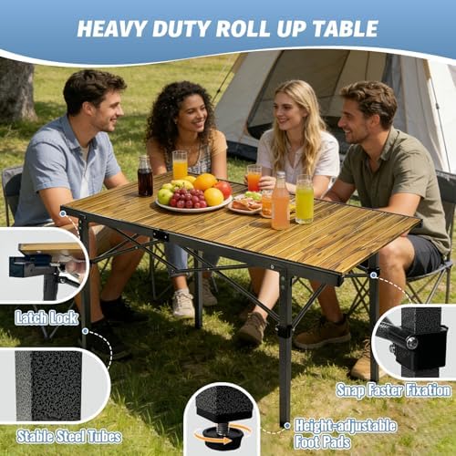 29.9" Tall Folding Camping Table for 2-6 Person, 54.7" Large Aluminum Foldable Roll-up Table Outdoor with Carry Bag for Picnic, Camp, Sturdy, Backyard, Patio