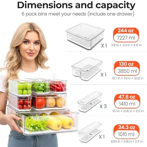 SMRCAD Clear Fridge Bins with Drain Trays - BPA-Free PET, Stackable(6 Pack)