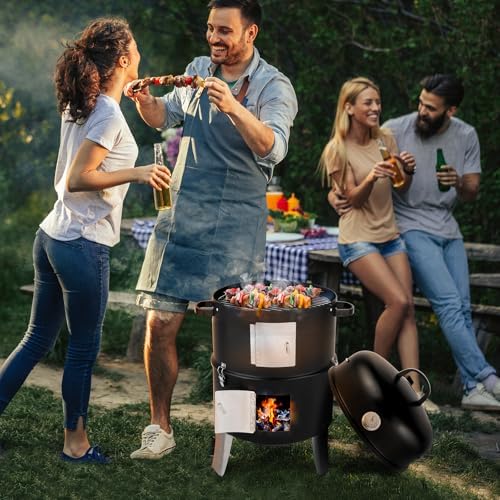 32" Portable Steel Barrel Charcoal Grill,Metal Outdoor Barbecue Smoker,Heavy Duty Outdoor BBQ Grill,Vertical Camping Barbecue Grill,with Thermometer,for Garden Patio Beach Backyard (Black)