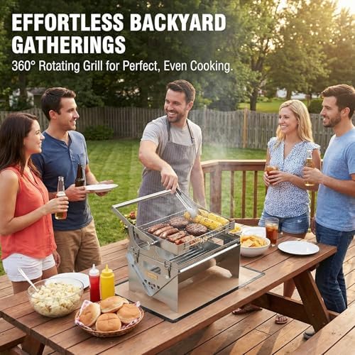 Portable 360° Rotating Charcoal Grill with Flipping Basket, Stainless Steel Flip BBQ Grill for Camping & Outdoor, Easy to Clean Detachable Design, New Upgrade