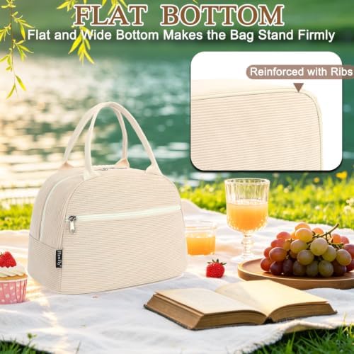 FlowFly Lunch Bag for Women Insulated Lunch Box Corduroy Lunch Tote Cooler for Travel Work Picnic,Corduroy Beige