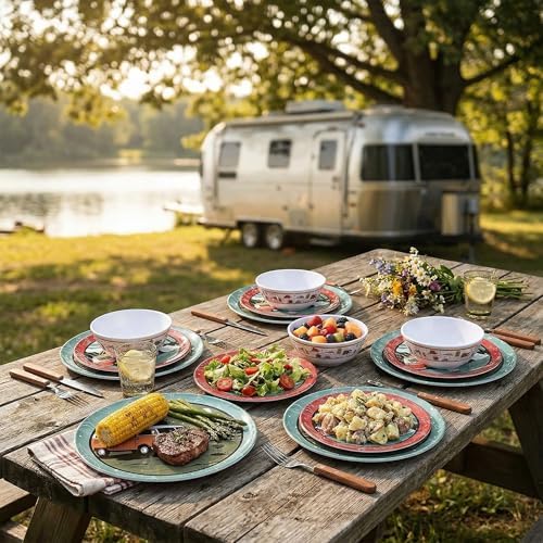 Melamine Dinnerware Set, 12-Piece Camping Dishes, Service for 4