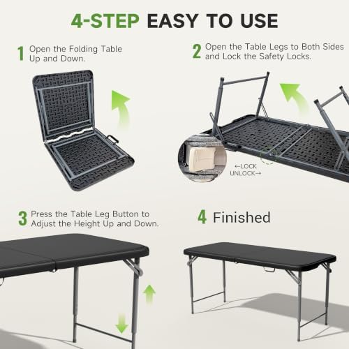 4FT Folding Table, 3 Adjustable Height & Heavy Duty, Double-Layer HDPE with Steel Legs, Foldable Table for Camping, Parties, Picnics, Black, 10 Pack