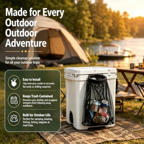 Outdoor Cooler Mesh Trash Bag Attachment,Cooler Can Trash Bag,Tool-Free Trash Can Accessory Fits Most Roto-Molded Coolers for Camping, Fishing, Boats, Pontoons, Kayaks, Truck Beds, SXS & ATV