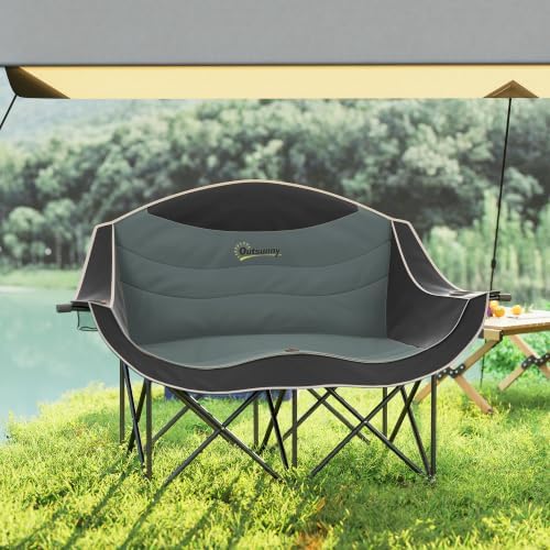 Outsunny Double Camping Chair for Adults, Padded Folding Camp Chair for 2 Person with Armrest, Wine Glass Holder, Cup Holder, Carry Bag for Outdoor Sports, Picnics, Supports up to 552 lbs.