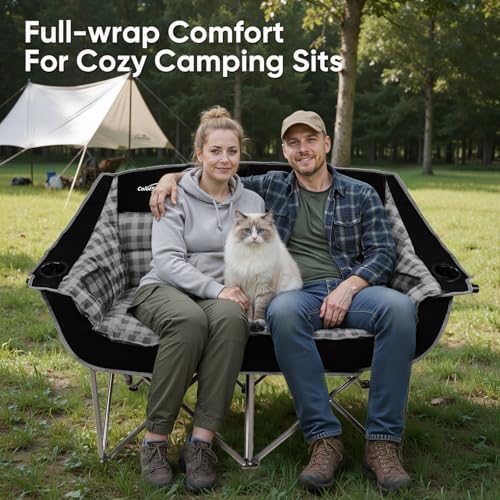 Colorsoul Double Folding Camping Chair,Fully Padded Loveseat Camping Couch,Oversized 2 Person Lawn Chair w/Cup Holder,Wine Glass Holder,Mesh Storage for Patio Picnic Beach,Support 600lbs,Black Plaid
