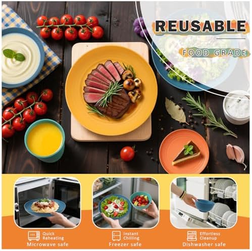 Wheat Straw Dinnerware Sets, Plates and Bowls Sets Unbreakable & Microwave Safe - 32 Piece Service for 8 Dinner Plate Dessert Plate Cereal Bowl Cup for Kitchen & Outdoor - Multi