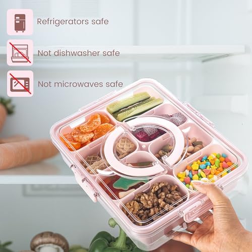 Divided Serving Tray with Lid and Handle - Snackle Box Charcuterie Container for Portable Snack Platters Organizer for Candy, Fruits, Nuts, Snacks - Perfect for Party, Entertaining, Lake blue