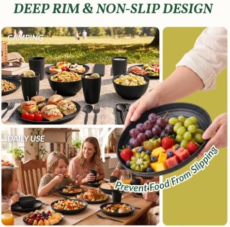 Homienly Plates and Bowls Sets 28 Pcs Black Wheat Straw Dinnerware Sets