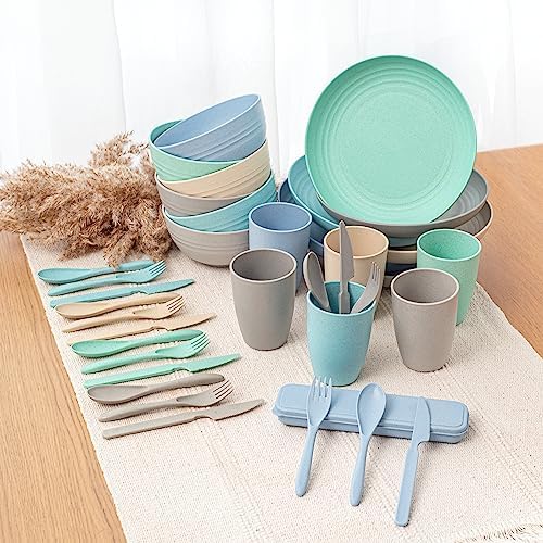 FOODLE Wheat Straw Dinnerware Set - RV, Camping Plates Cups and Bowls Set