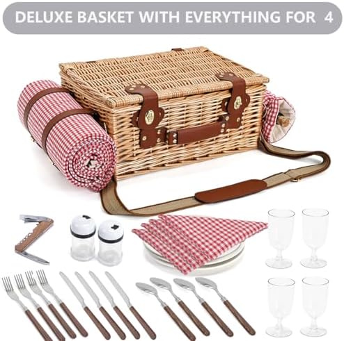 Picnic Basket with Blanket and Wine Pouch for 4, Wicker Picnic Set with Insulated Liner Cooler Bag Hamper for Camping,Wedding - Red Gingham