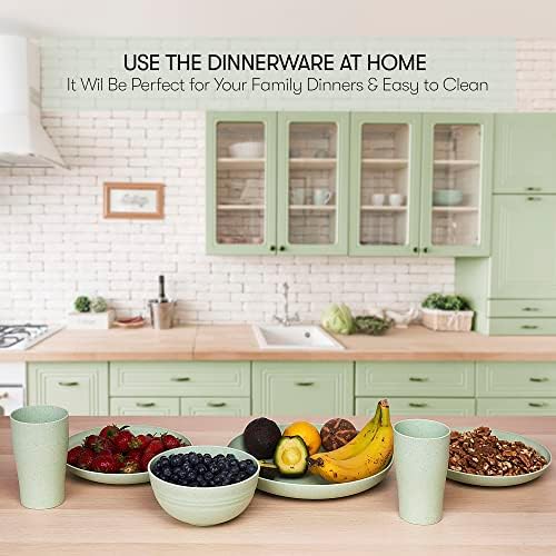 Wheat Straw Dinnerware Sets | Unbreakable Dinnerware Sets | Dishwasher Microwave Safe Dinnerware | Eco Friendly Non Breakable Dinnerware Sets | RV Outdoor Camping (Green, Service for 8 (32 pcs))
