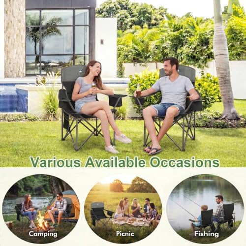 Oversized Camping Chairs 2 Pack - Heavy Duty 400LBS Padded Lawn Chair with Cooler Bag,Cup Holder,Side Pocket,Collapsible for Outdoor,Camp,Fishing & Garden,Black